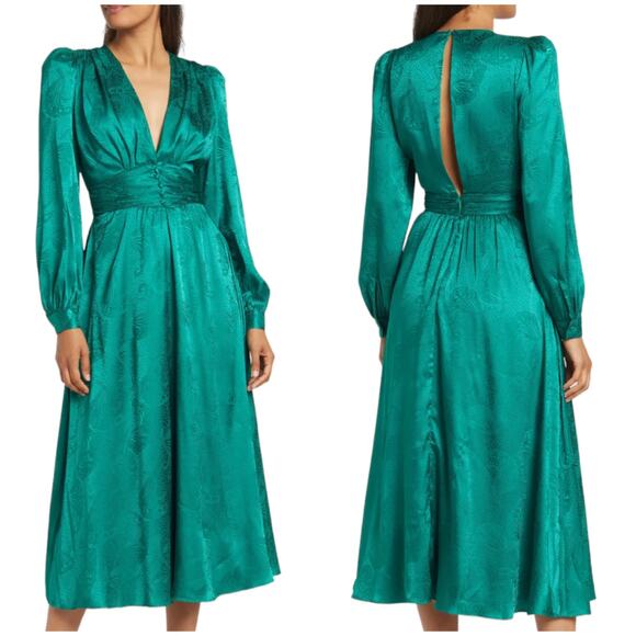 Ronny Kobo NWT Tula Satin Long Sleeve Midi Dress Plunge Neck Green Size M Ruched - Picture 1 of 13